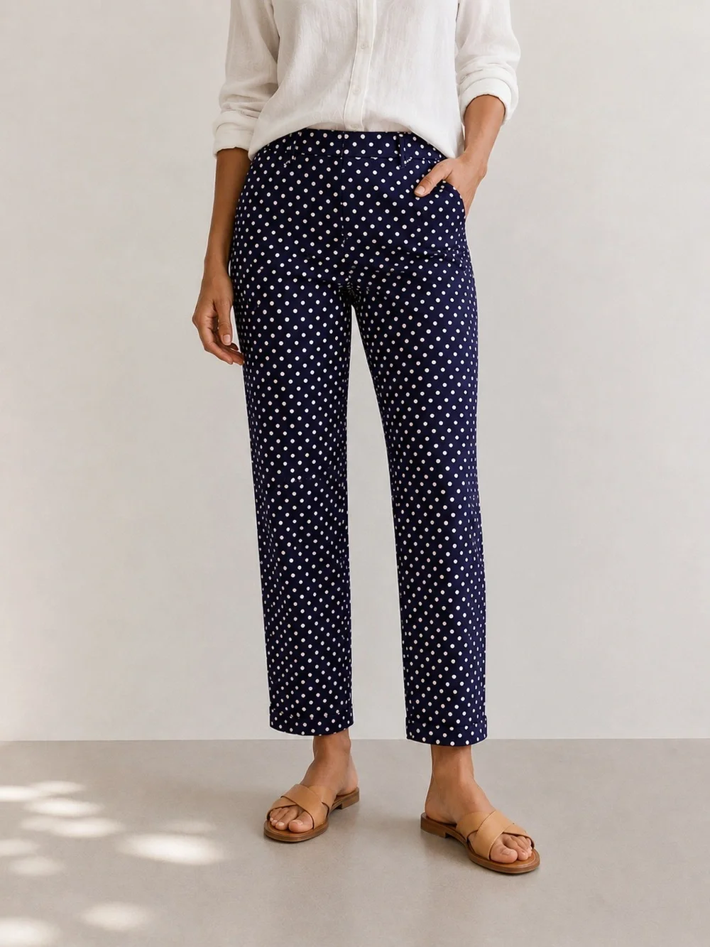 Boden Polka Dot Ankle Pants Navy White Flat Front Coastal Classic Size US 12R